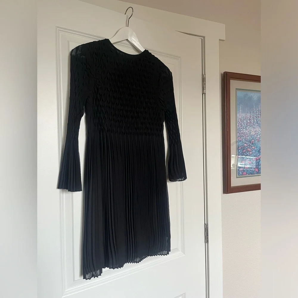 Topshop Black Diamond Pleated Black Dress with Bell Sleeves
